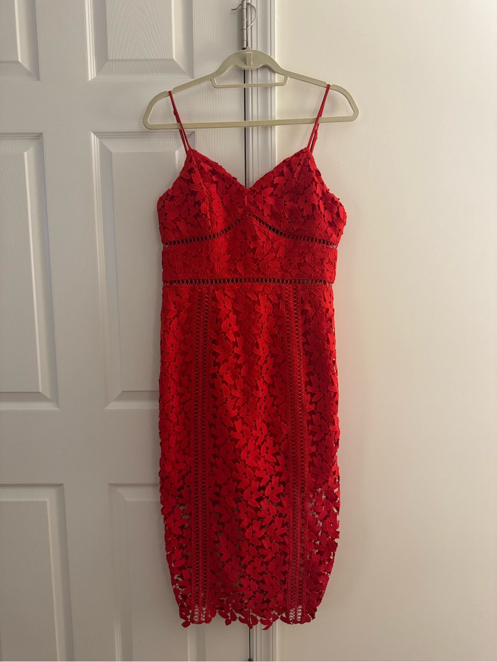 Bardot Red Lace Midi Dress with Spaghetti Straps